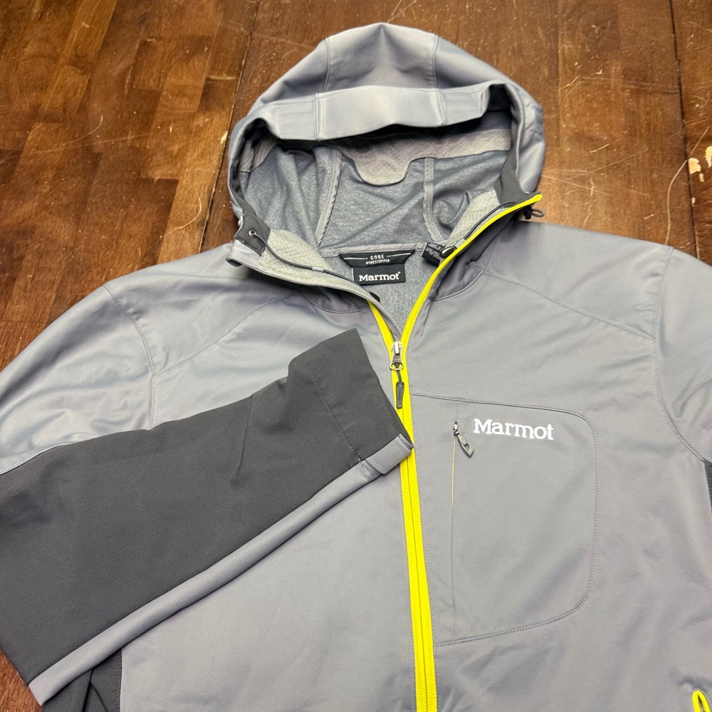 Marmot Gore Windstopper Jacket Mens L Grey Neon Yellow Hooded Softshell Y80320
